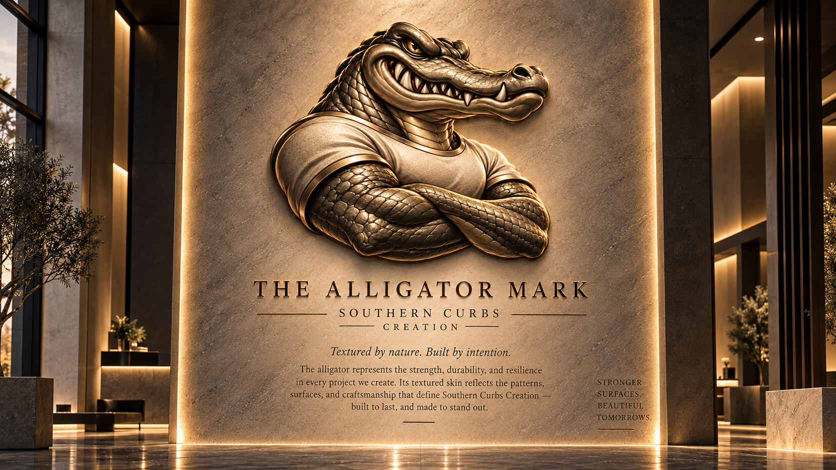 The Alligator Mark. Southern Curbs Creation. Textured by nature. Built by intention. The alligator represents the strength, durability, and resilience in every project we create. Its textured skin reflects the patterns, surfaces, and craftsmanship that define Southern Curbs Creation—built to last, and made to stand out. Stronger surfaces. Beautiful tomorrows.
