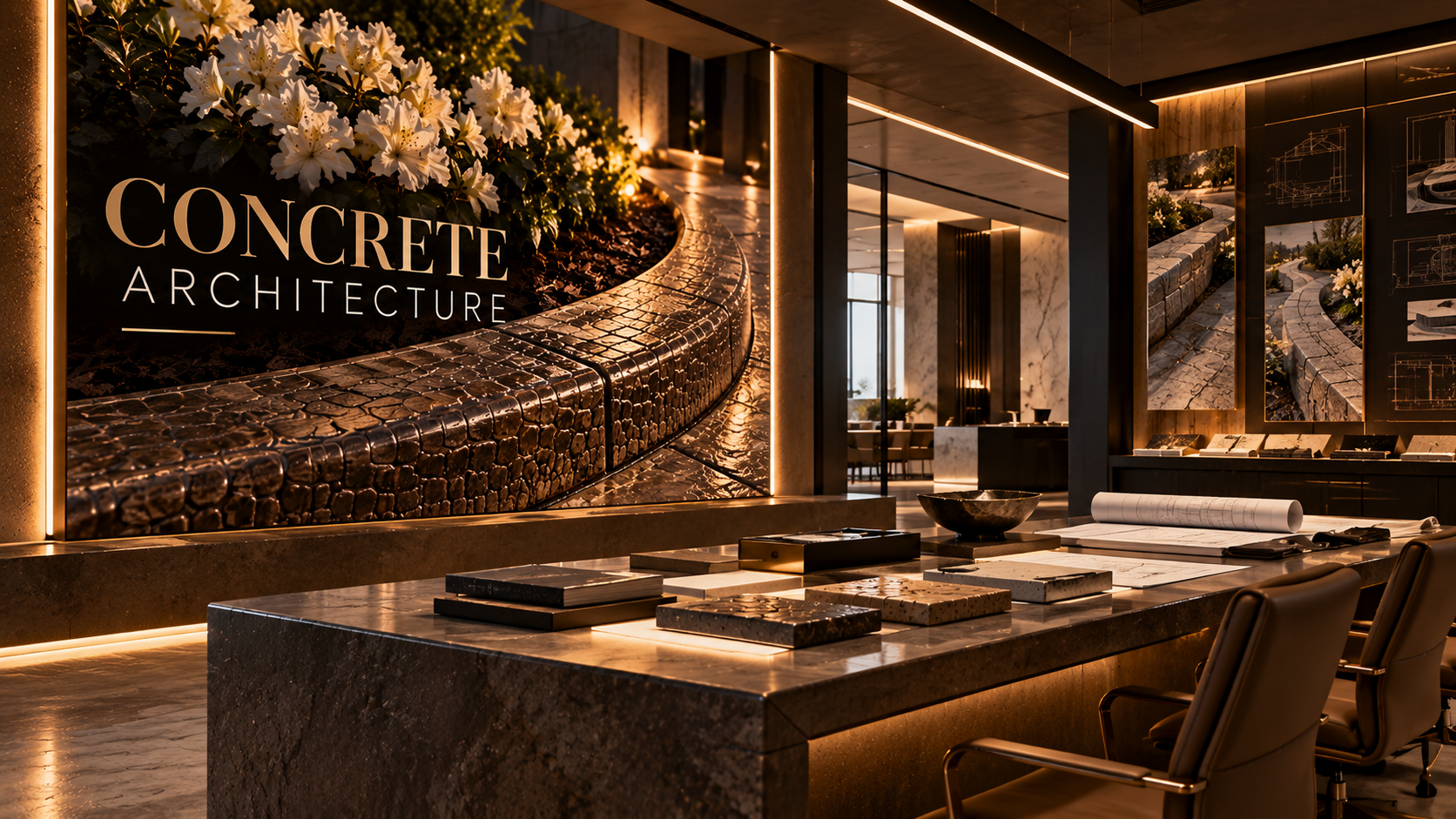 Architectural design studio interior with a curved textured concrete curb on the Concrete Architecture display wall