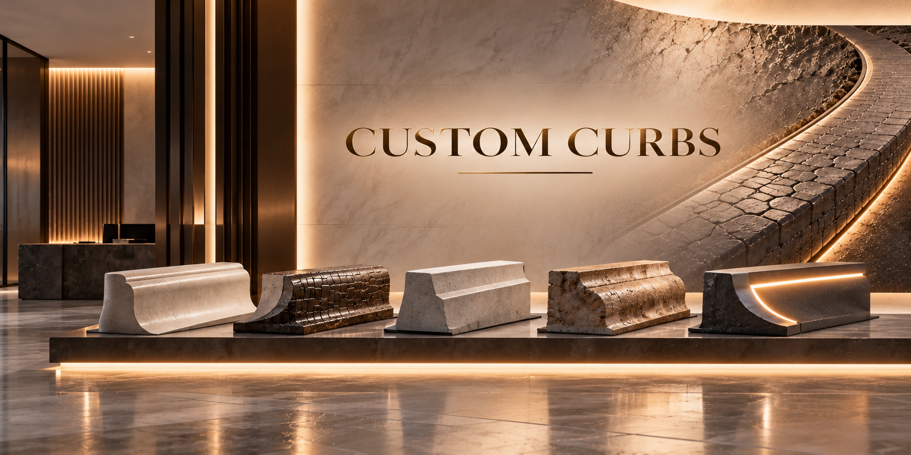 Custom Curbs, displayed in one line above five distinct concrete curb profiles on an illuminated plinth in a warm stone showroom