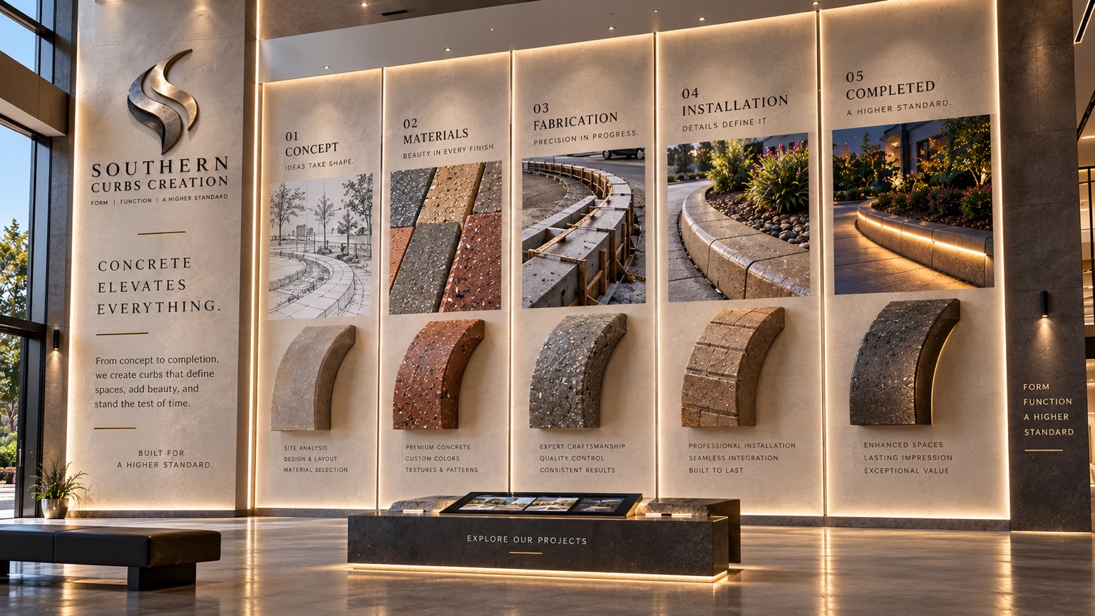 Southern Curbs Creation design studio: an illuminated showroom wall displays five stages of design and construction, from concept through a completed project.