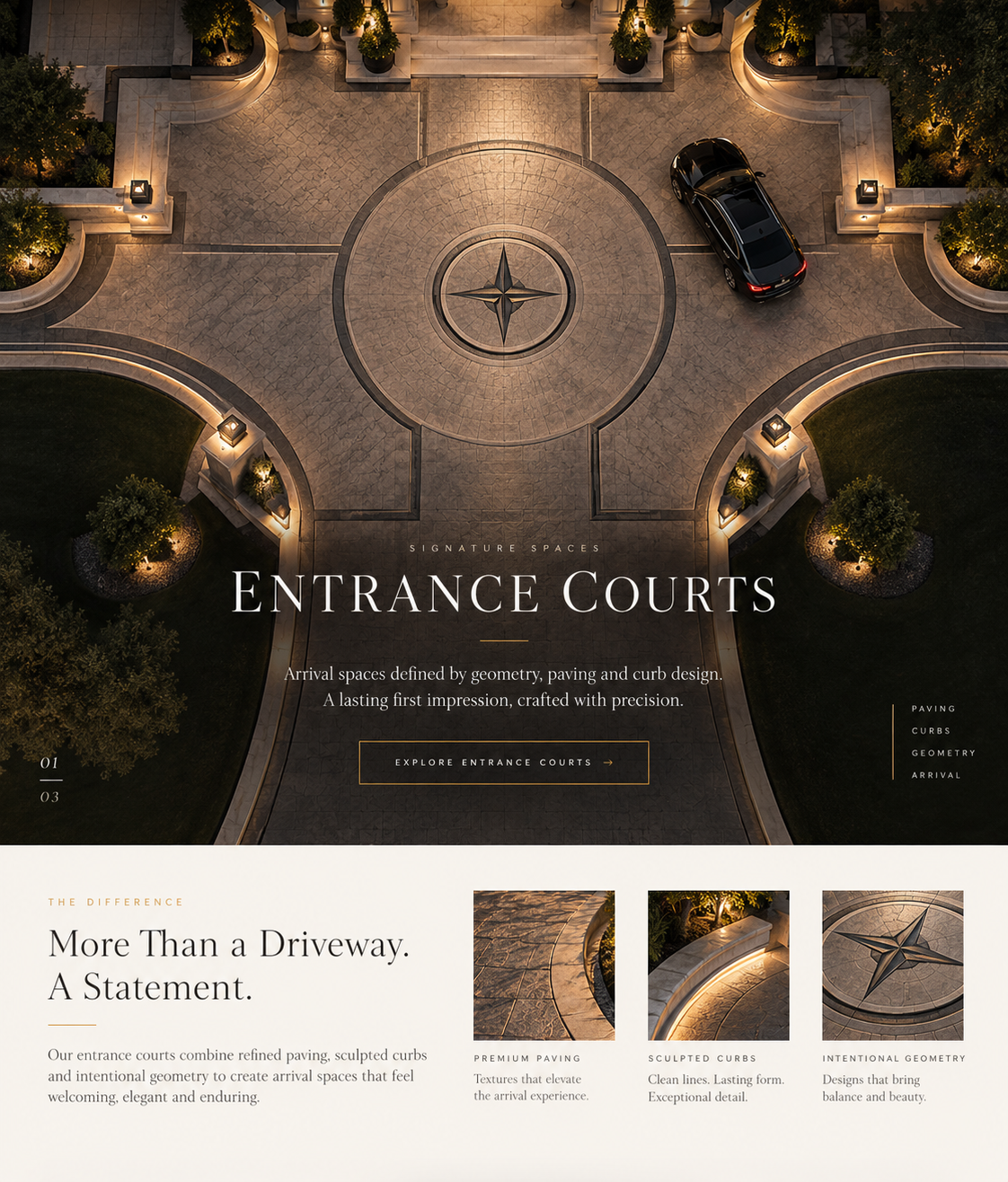 Entrance Courts: an illuminated aerial arrival court with paving, sculpted curbs, geometric detail and a closer look at the design below.