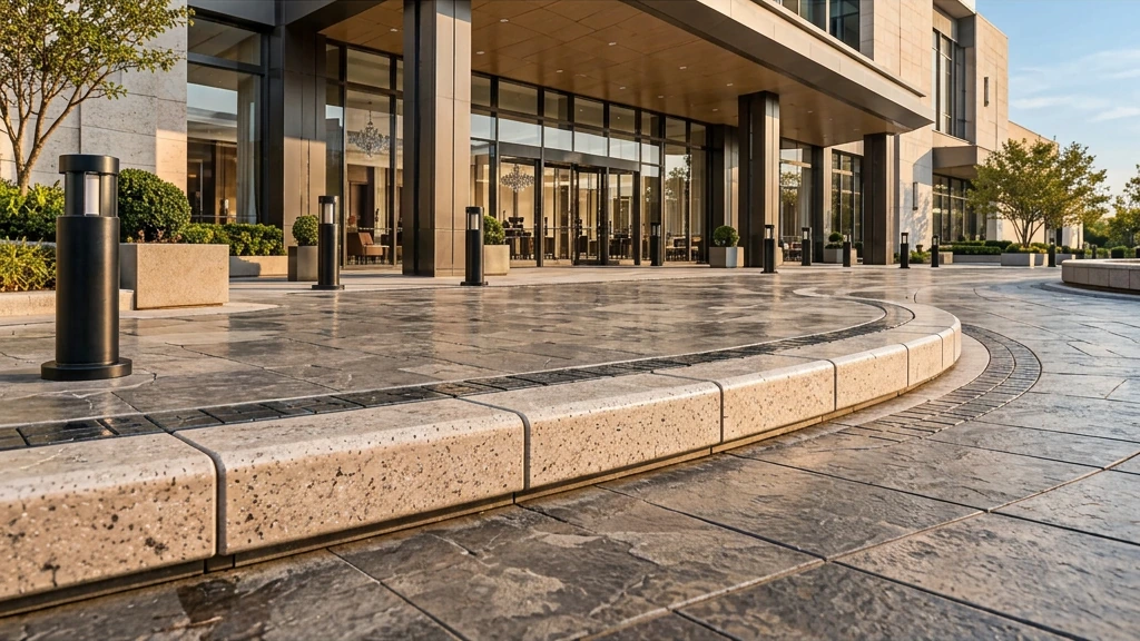 Daylight commercial entrance with a defined concrete curb and textured paving