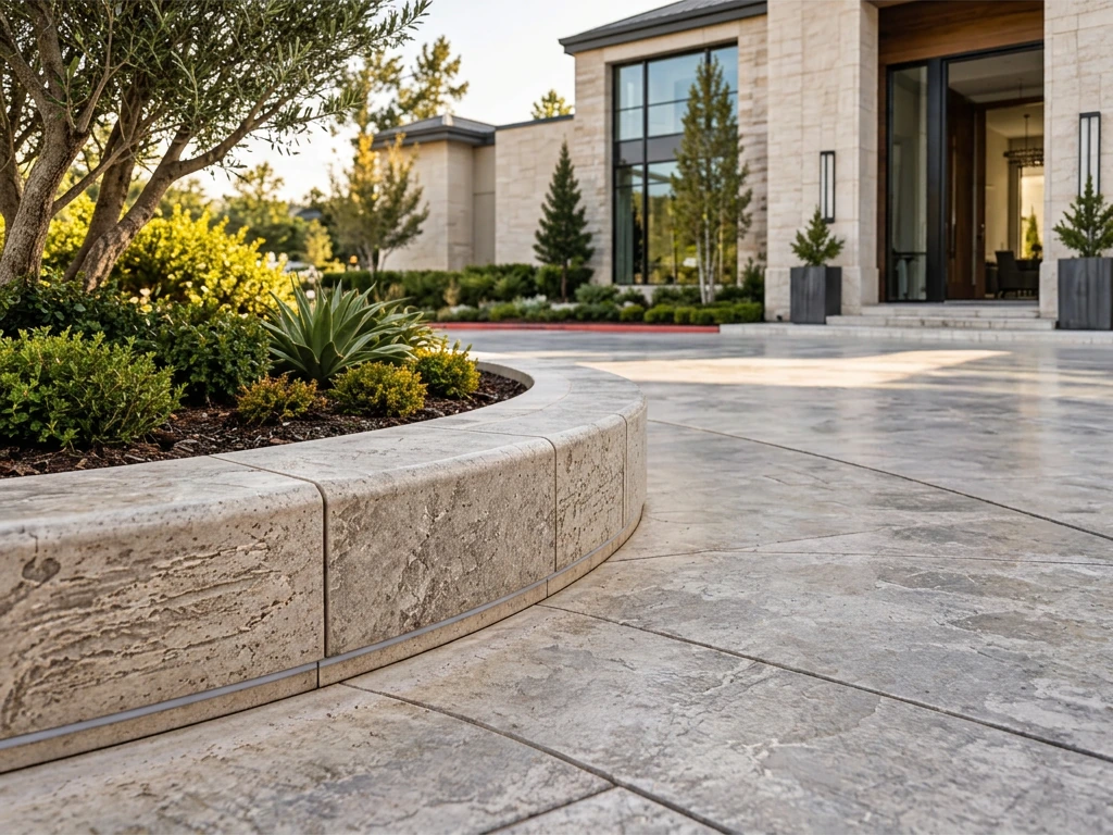 Architectural curbs and paving beside a residence in daylight