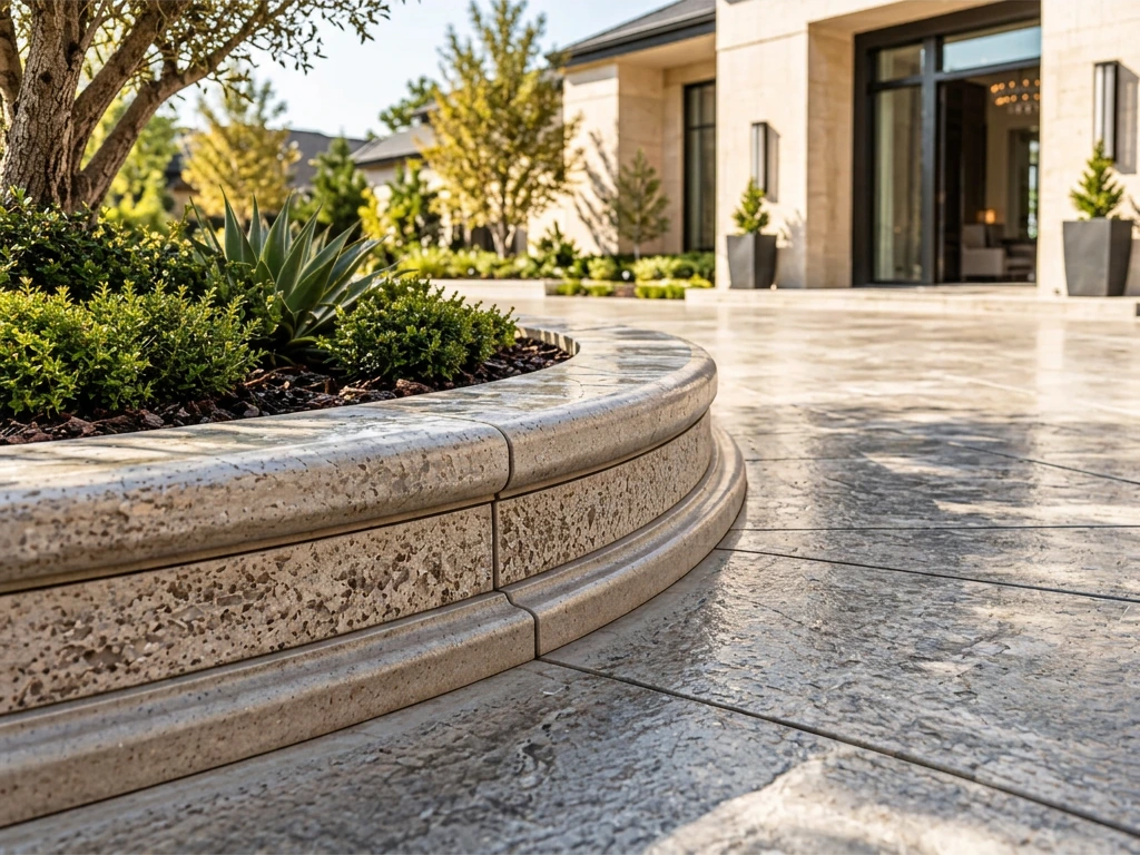 Layered custom concrete curb bordering landscaped paving in daylight