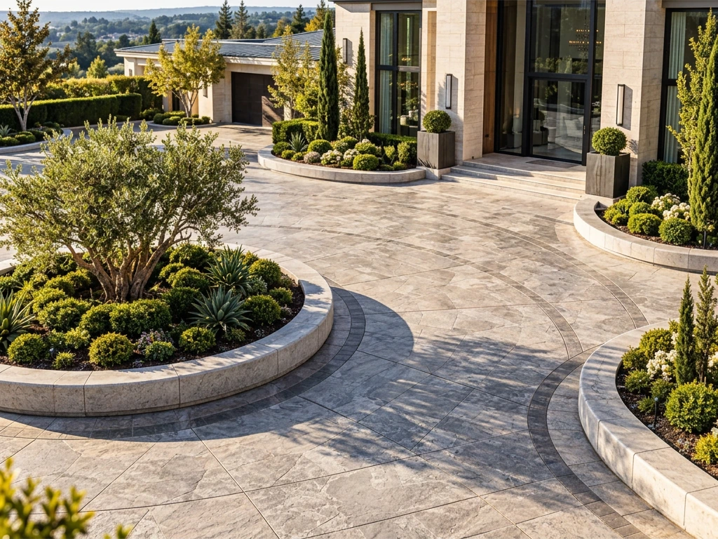 Wide concrete entrance court with curved planted borders in daylight
