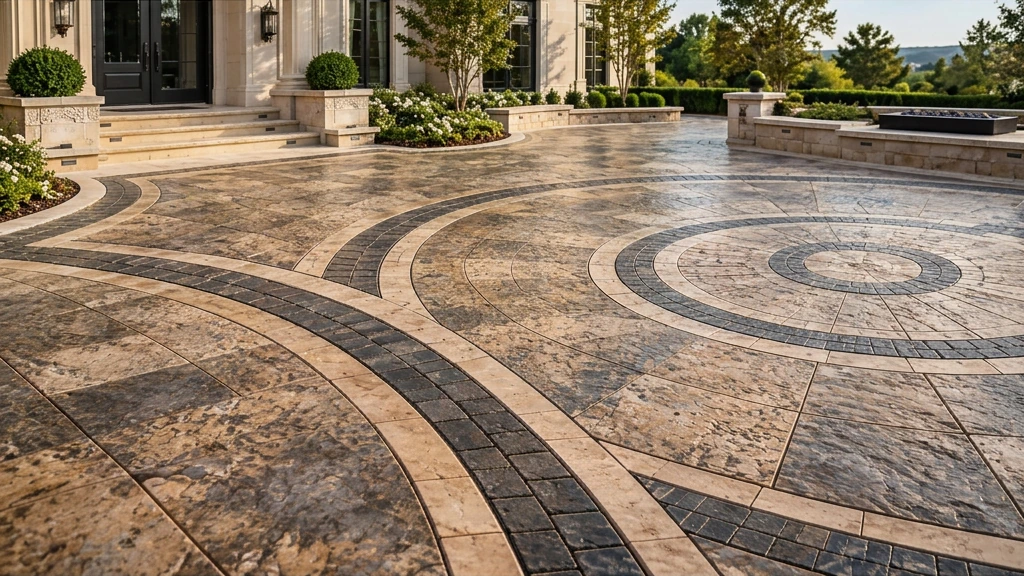 Decorative patterned concrete court with curved paving in daylight