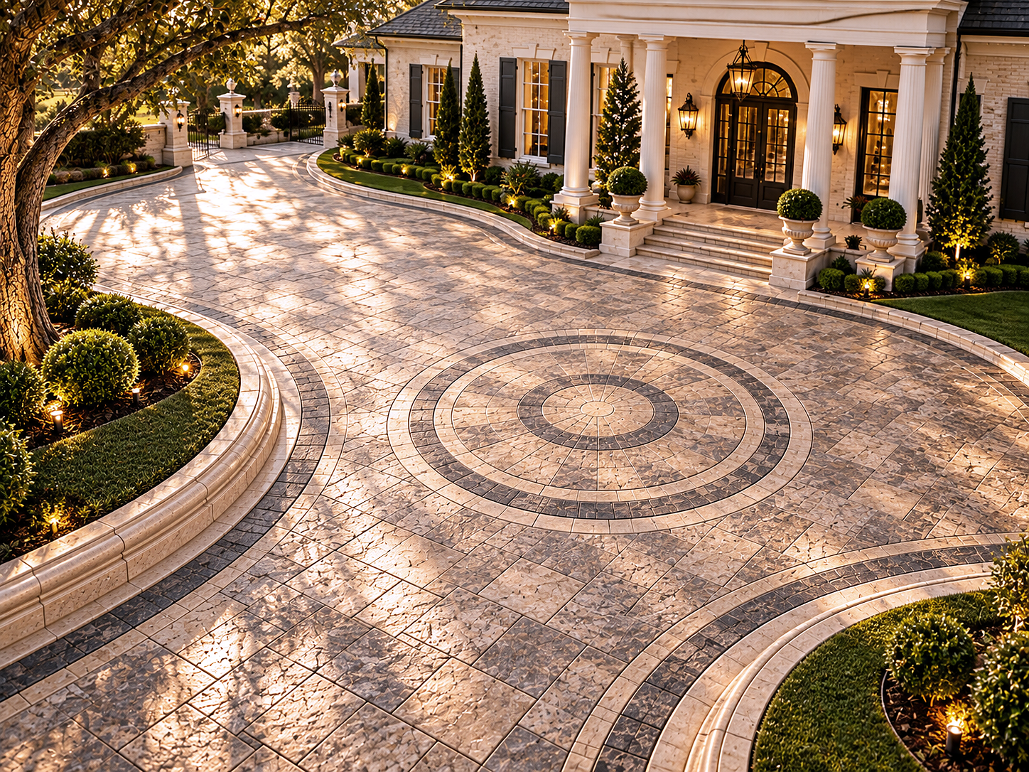Complete property entrance with curved curb lines, patterned paving, landscaping, and home architecture in daylight
