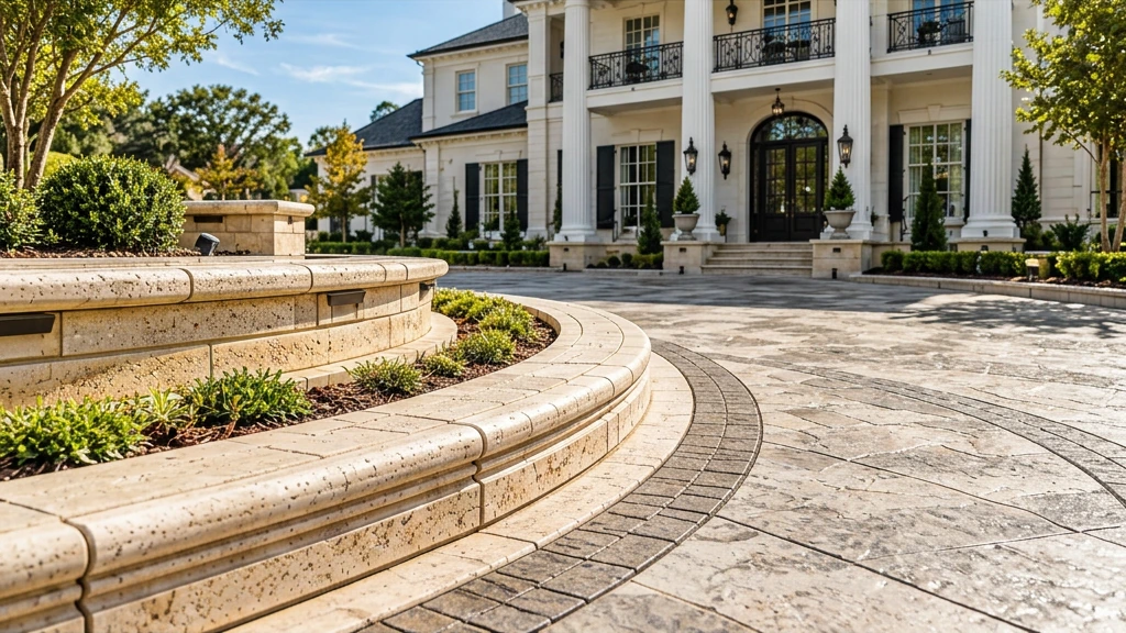 Curved residential concrete curb leading to an entrance in daylight
