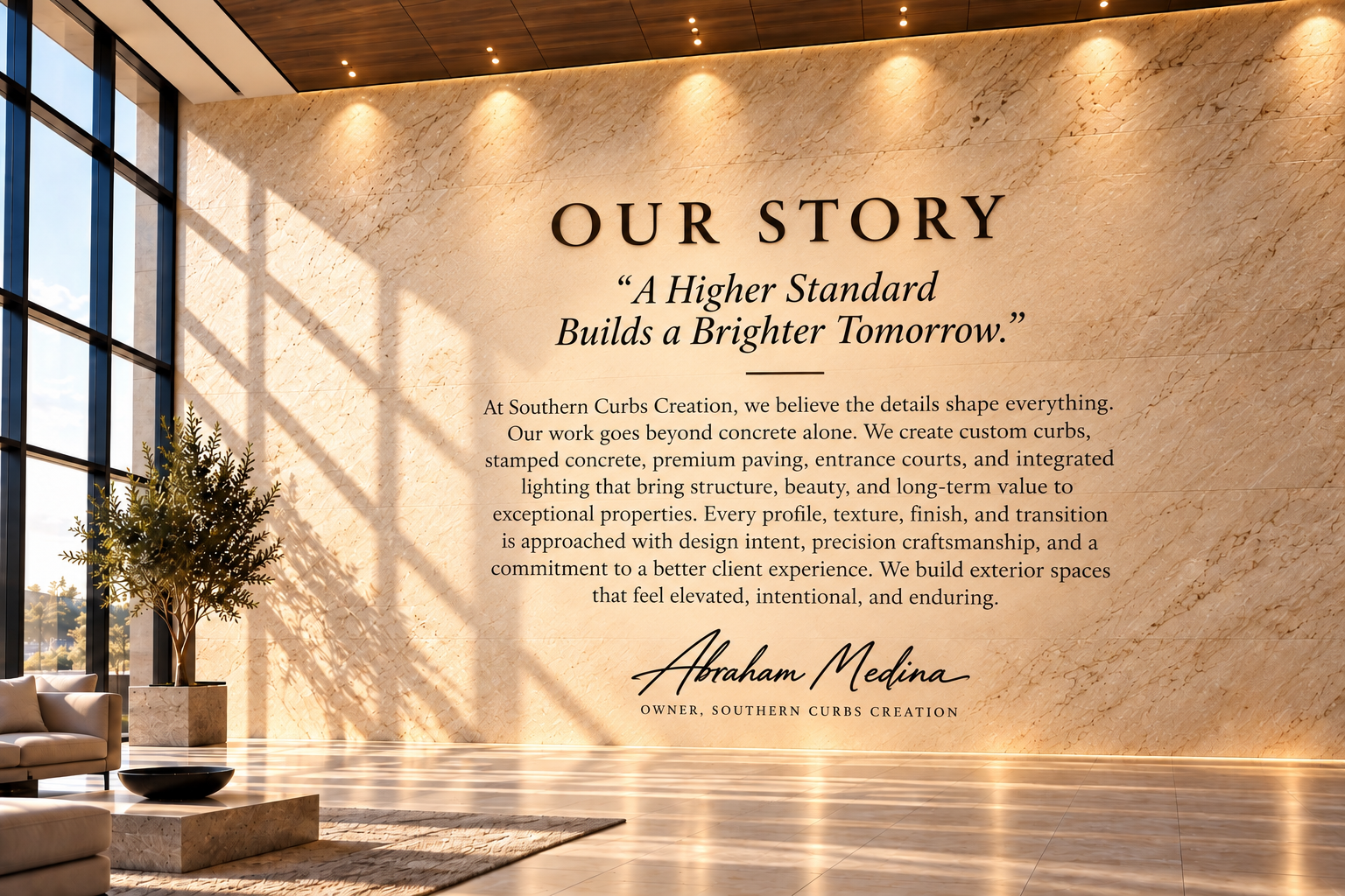 Our Story and Southern Curbs Creation's standards, signed by Abraham Medina on a sunlit stone wall
