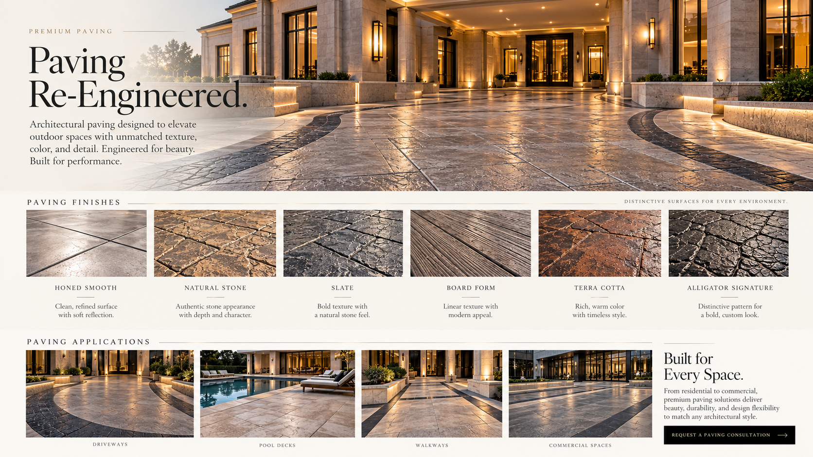 Premium Paving showcase with six finishes, four applications, and a consultation invitation.