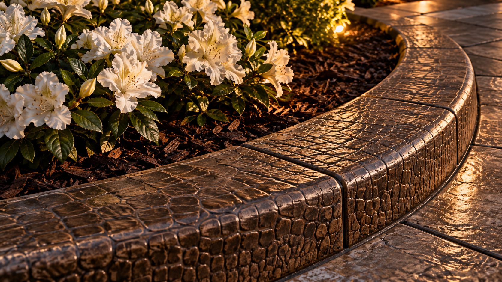 Scale-like stamped texture on a curved concrete curb beside white flowers in warm light
